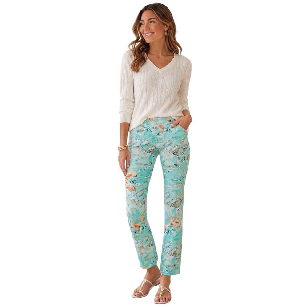 Soft Surroundings Paloma Palm Ponte Tropical Print Ankle Pants Green Large